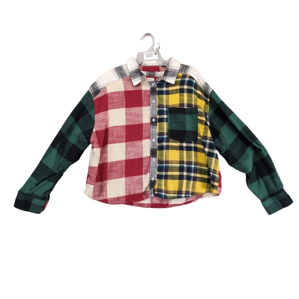 American Eagle Patchwork Plaid Flannel Button Up Shirt Women's XL Grunge Skater